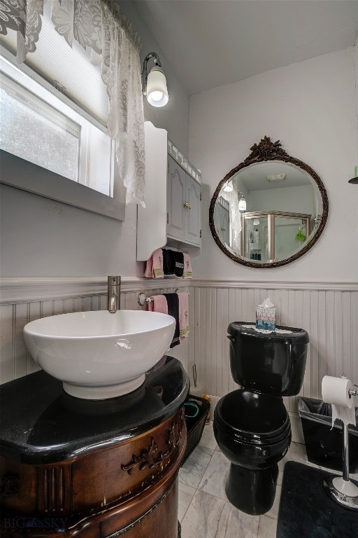 bathroom with vanity, toilet, and walk in shower