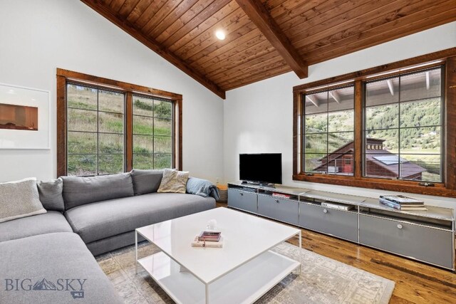 living room featuring light hardwood / wood-style floors, wood ceiling, beam ceiling, and high vaulted ceiling