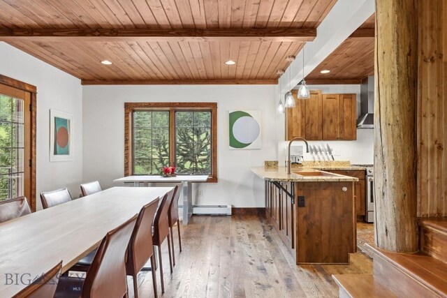 dining space featuring beam ceiling, a healthy amount of sunlight, wooden ceiling, and hardwood / wood-style flooring