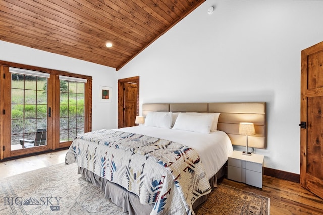 bedroom featuring access to exterior, wood-type flooring, high vaulted ceiling, and wood ceiling