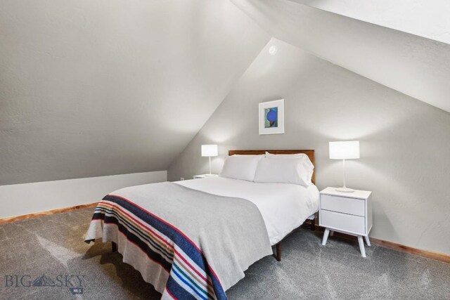 bedroom featuring carpet floors and vaulted ceiling