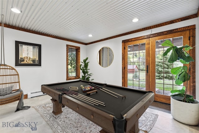 recreation room featuring light tile patterned floors, wood ceiling, a baseboard radiator, and pool table