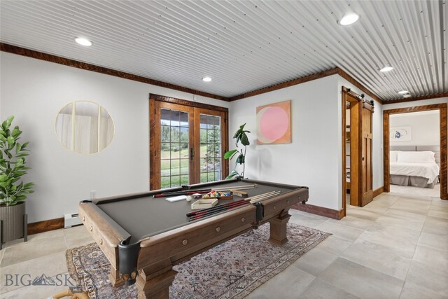 playroom featuring french doors, ornamental molding, a baseboard heating unit, and billiards