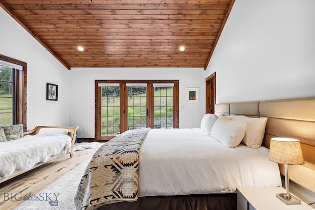 bedroom with access to outside, wooden ceiling, lofted ceiling, and hardwood / wood-style flooring