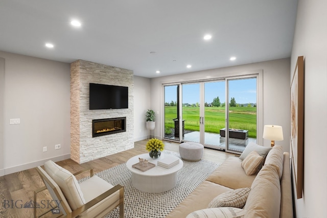 living room featuring light hardwood / wood-style floors and a fireplace