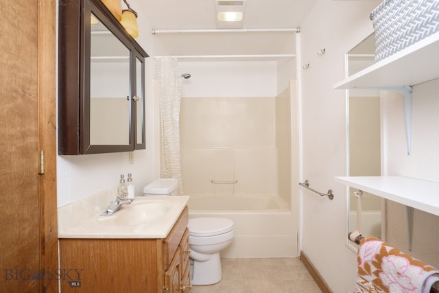 full bathroom featuring tile patterned flooring, vanity, shower / tub combo, and toilet