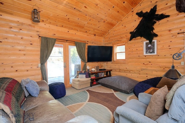 living room featuring wood ceiling and high vaulted ceiling