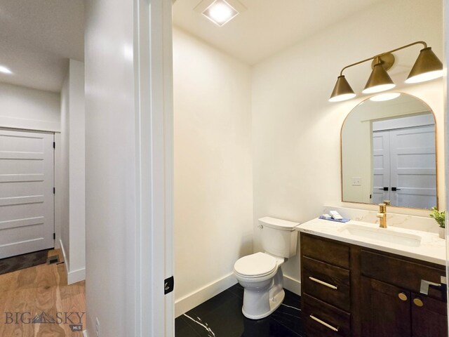 bathroom with vanity, toilet, and hardwood / wood-style flooring