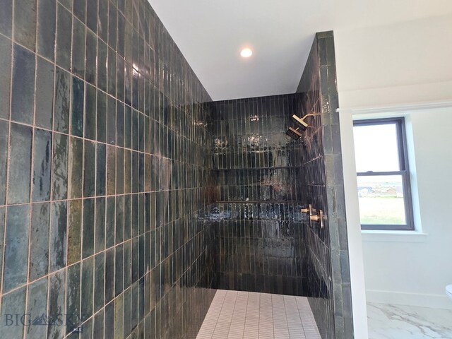 bathroom with tiled shower and a healthy amount of sunlight