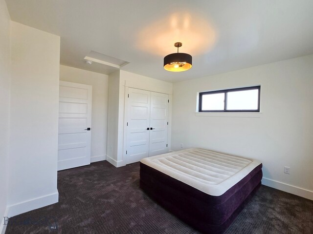 bedroom featuring dark colored carpet and a closet