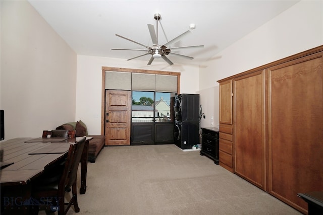 carpeted office featuring ceiling fan