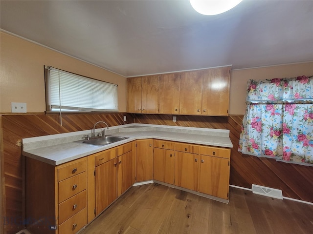 kitchen featuring sink, wooden walls, and light hardwood / wood-style floors