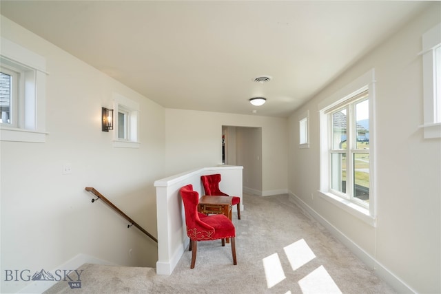 living area featuring light colored carpet