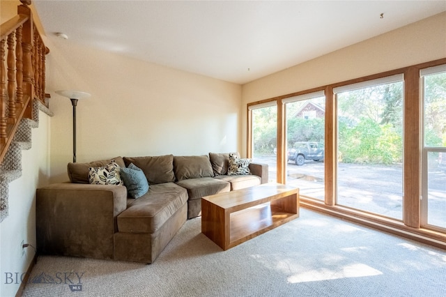 living room with a wealth of natural light and carpet flooring