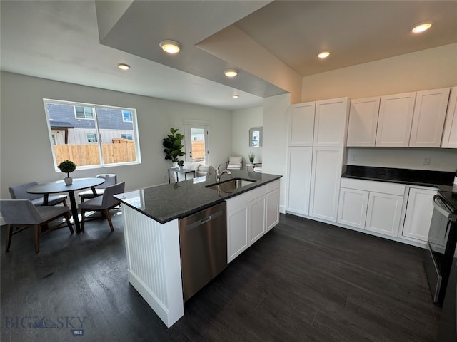 kitchen with dark wood-type flooring, white cabinets, a raised ceiling, sink, and appliances with stainless steel finishes