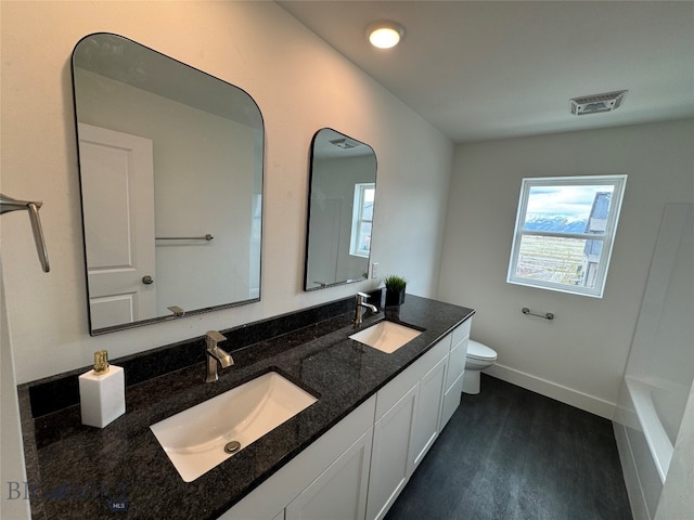 bathroom with hardwood / wood-style flooring, vanity, and toilet