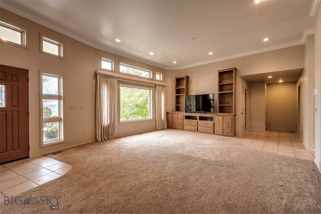 unfurnished living room with light tile patterned flooring and crown molding