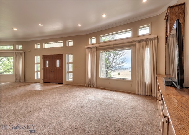 interior space with crown molding and a high ceiling