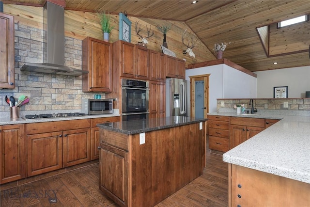 310 Highpark Dr, Anaconda, MT 59711 - kitchen featuring wall chimney exhaust hood, stainless steel appliances, a sink, wooden ceiling, and tasteful backsplash