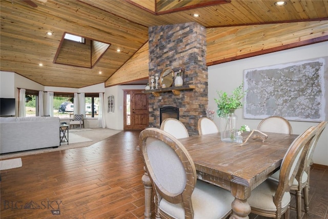 310 Highpark Dr, Anaconda, MT 59711 - dining space featuring high vaulted ceiling, wooden ceiling, recessed lighting, wood finished floors, and a fireplace