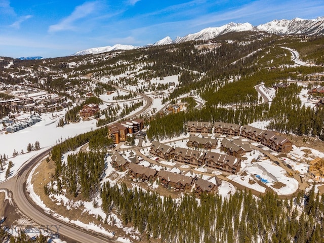 snowy aerial view with a mountain view