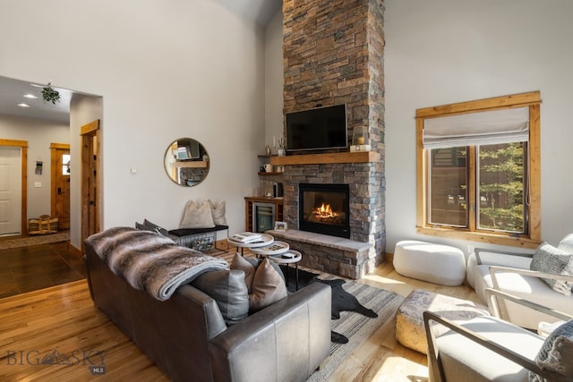 living room featuring light hardwood / wood-style flooring, high vaulted ceiling, and a stone fireplace