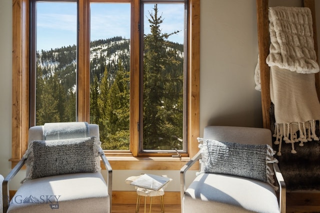 sitting room with a healthy amount of sunlight, a mountain view, and hardwood / wood-style flooring