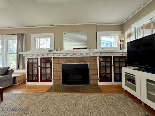 living room with crown molding, hardwood / wood-style floors, and a healthy amount of sunlight