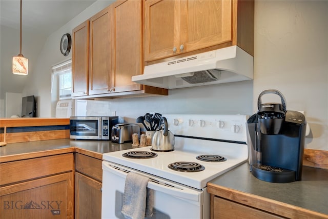 kitchen with white range with electric cooktop, lofted ceiling, and pendant lighting