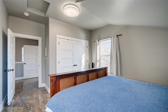 bedroom with lofted ceiling and dark wood-type flooring