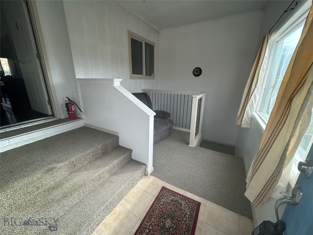 staircase featuring a healthy amount of sunlight and carpet floors