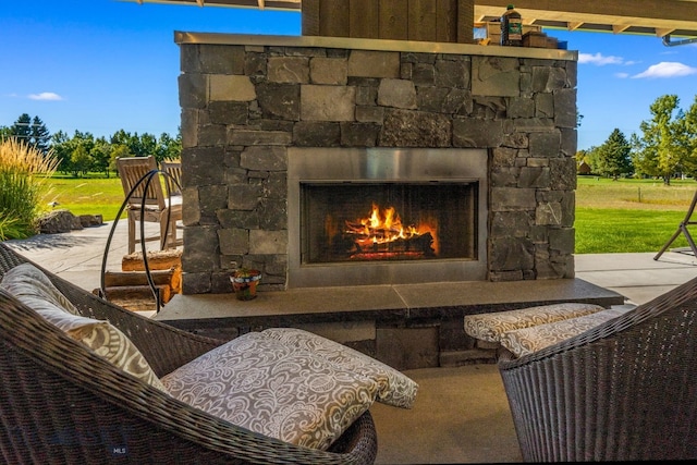 exterior space featuring an outdoor stone fireplace