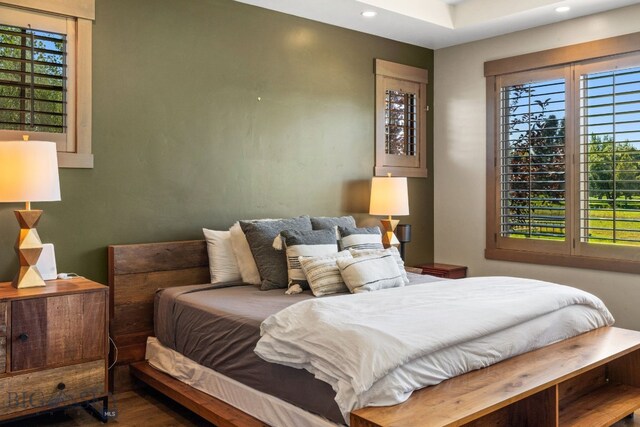 bedroom with multiple windows and hardwood / wood-style floors