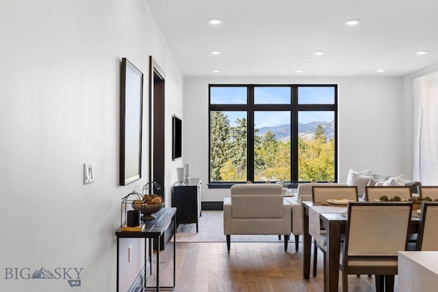 dining area featuring a mountain view and wood-type flooring