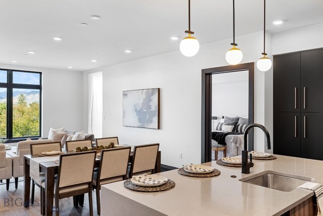 dining room featuring light wood-type flooring and sink