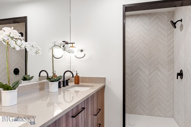 bathroom featuring walk in shower and vanity