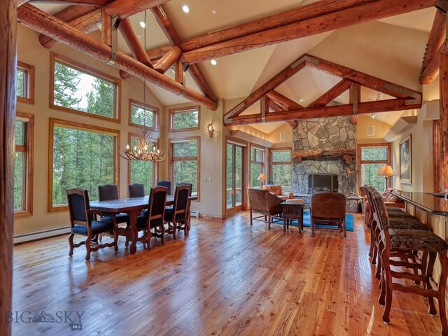 3686 Pinewood Dr, Big Sky, MT 59716 - dining space with baseboard heating, a chandelier, high vaulted ceiling, beamed ceiling, and wood finished floors