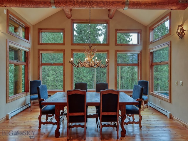 dining space featuring baseboard heating, beamed ceiling, and light hardwood / wood-style flooring