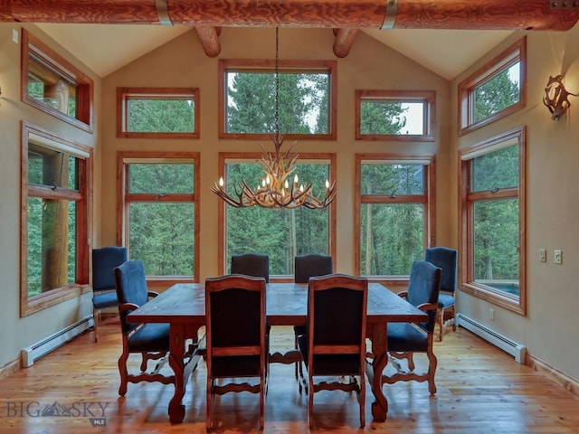 3686 Pinewood Dr, Big Sky, MT 59716 - dining area featuring baseboard heating, a chandelier, wood finished floors, plenty of natural light, and beamed ceiling