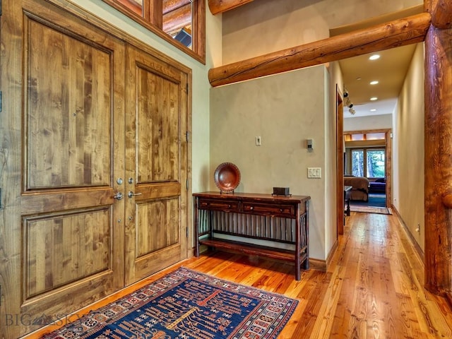 3686 Pinewood Dr, Big Sky, MT 59716 - entrance foyer with light wood-style flooring and recessed lighting