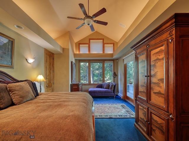 carpeted bedroom featuring access to exterior, high vaulted ceiling, and ceiling fan