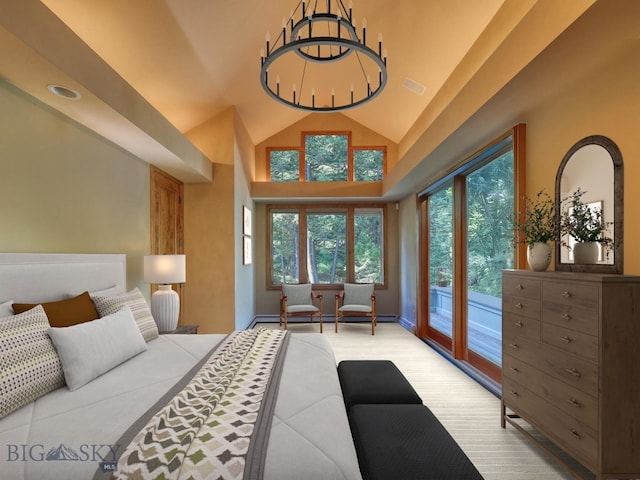 carpeted bedroom with high vaulted ceiling, multiple windows, an inviting chandelier, and access to exterior