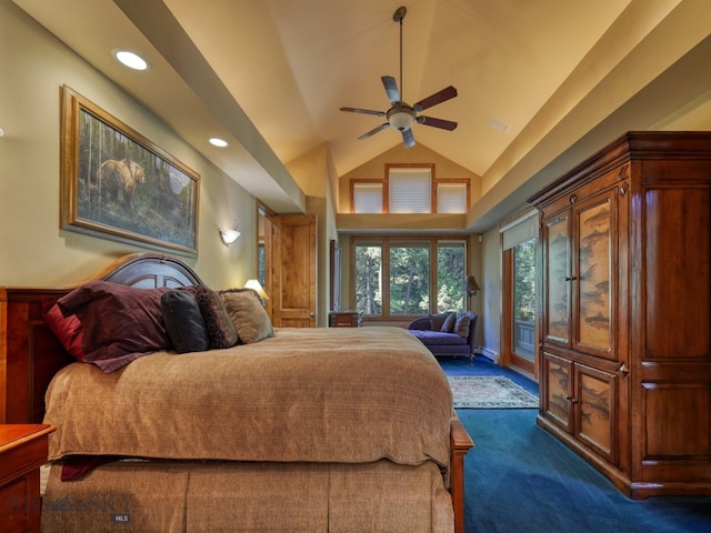 bedroom with ceiling fan, high vaulted ceiling, dark colored carpet, and access to exterior