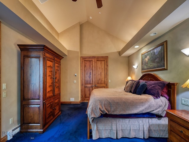 bedroom featuring dark carpet, high vaulted ceiling, a baseboard radiator, and ceiling fan