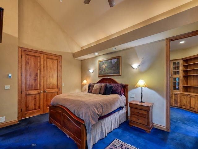 carpeted bedroom featuring ceiling fan and high vaulted ceiling