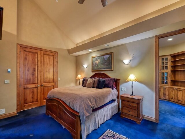 3686 Pinewood Dr, Big Sky, MT 59716 - bedroom with carpet flooring, lofted ceiling, recessed lighting, and ceiling fan