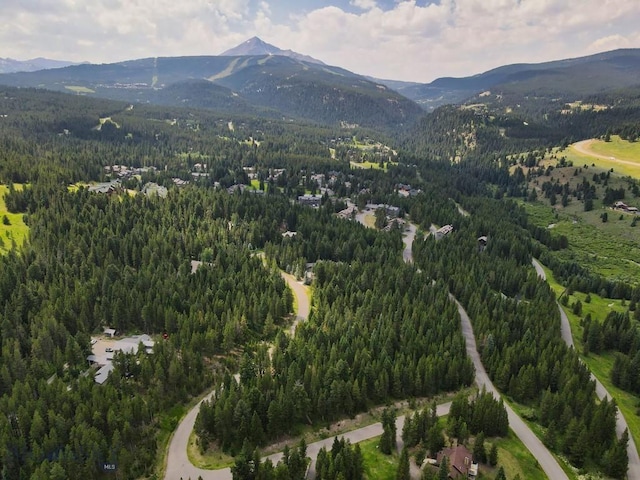 3686 Pinewood Dr, Big Sky, MT 59716 - aerial view of property's location with a heavily wooded area and a mountain backdrop