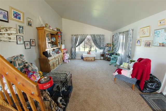 interior space with lofted ceiling and carpet flooring