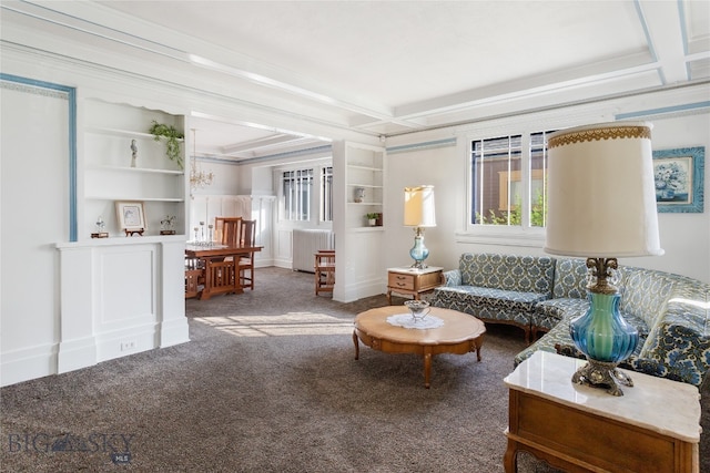 living room featuring carpet, crown molding, and radiator heating unit