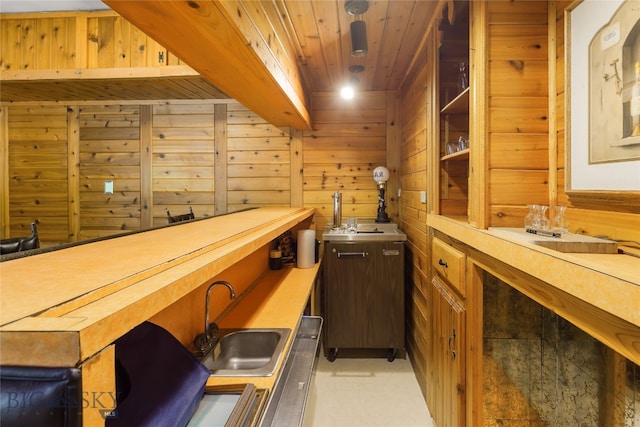 interior space featuring wooden ceiling and wooden walls